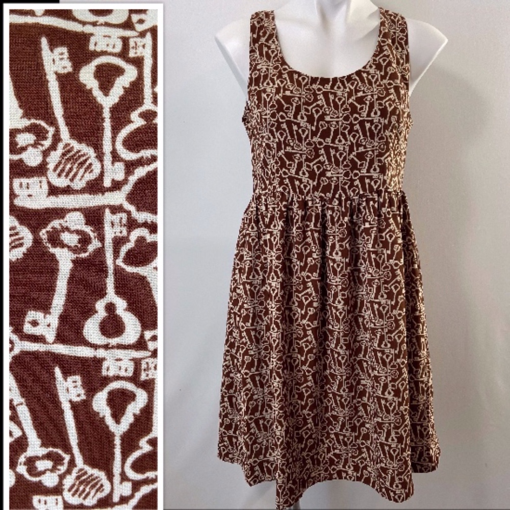 Fossil Key Print Brown A-Line Midi Large Dress